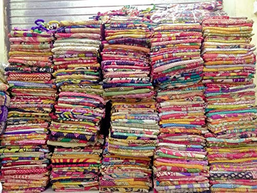 Mycrafts Indian Vintage Handmade Kantha Quilt, Bohemian Hippie Home Decor Kantha Bedding Saree Made Twin 85X55 Inches Gudri Ralli Dorm Decor Quilt Throw 10 Pc Lot