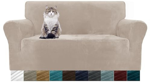 MAXIJIN Tjockt sammetssoffa 2-sits sofföverdrag super stretch för vardagsrum hundar katt husdjur plysch sätesskydd, soffa sätesskydd (2-sits sammet kaki)