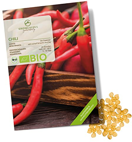 BIO Chili Samen (De Cayenne, 50.000 Scoville) - Chili Saatgut aus biologischem Anbau ideal für die Anzucht im Garten, Balkon oder Terrasse (10 Korn)