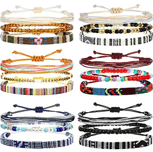 Yinkin 18 Pcs Boho Surfer Ankle Bracelets for Women Men Adjustable Handmade Braided Friendship Bracelet Waterproof String Rope Beaded Anklets Summer Beach Jewelry Gift(Boho Style)