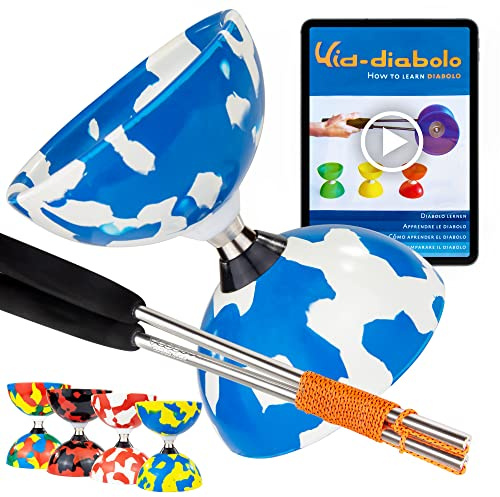 Juggle Dream Jester Diabolo Set de Jonglage avec Diabolo à roulement à Billes | Baguettes en Aluminium | Vidéo d'apprentissage en Ligne (Bleu/Blanc)