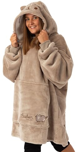 Pusheen brun broderad filt för kvinnor Hoodie | Njut av mysig komfort med denna Pusheen VUddie | En storlek passar alla | Dyk in i lekfulla äventyr med din favoritkatt