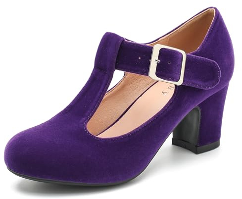 Mary Jane Women's T Strap Wide Heel Closed Round Toe Wedding Shoes, Purple Suede, 6 UK