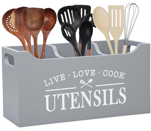 Karisky Kitchen Utensilhalter mit Drainageboden, große 3 Fächer fester echtes Holz Utensil Organizer für Küchentheke, Kochwerkzeuge für Bauernhäuser für Arbeitsplatten, Grau