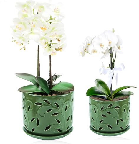 BUYMAX Juego de 2 macetas de orquídeas con agujeros y platillos para la salud de las raíces de la orquídea, macetas de cerámica de 5 y 6 pulgadas para plantas (pátina)