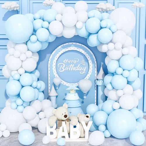 Blue White Balloons,120 Pcs Pastel Baby Blue Latex Balloon Arch Garland Kit with Different Sizes 18/12/10/5 Inch for Boys Birthday Baby Shower Gender Reveal Anniversary Wedding Engagement Party Deco