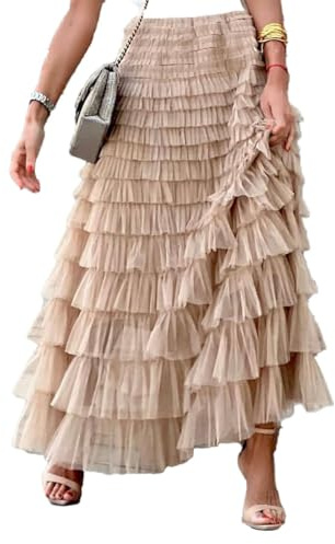 seiveini Femme Jupe Longue en Tulle à Plusieurs Niveaux Elegant Jupe Plissée Longue Femme Élégant Jupe en Mousseline Multicouche Taille Élastique Maxi Jupe Plissée A-Ligne A Abricot L