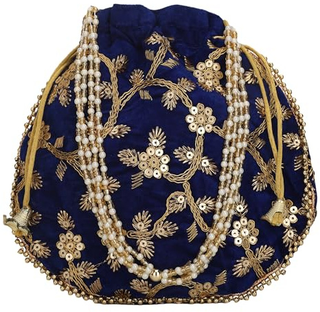 Craft Trade Bolso Potli de Algodón Bordado para Mujer con Cordón y Asa de Perlas, Bolso con Trabajo Dorado, Monedero para Damas para Novia, Azul marino, Medium