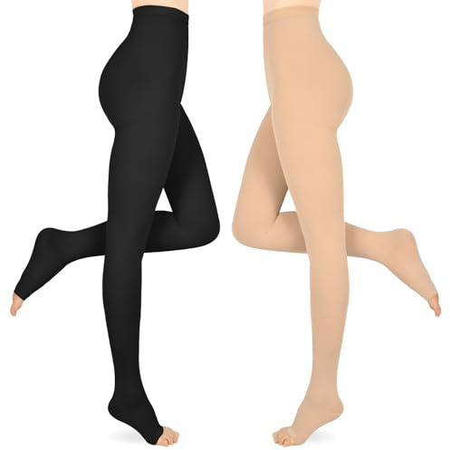 Compression Pantyhose for Women & Men 2 Pairs Open Toe 15-20mmHg Medical Graduated Compression Stockings Waist High Support Tights Opaque Leggings for Varicose Veins Edema Flight,Mix L