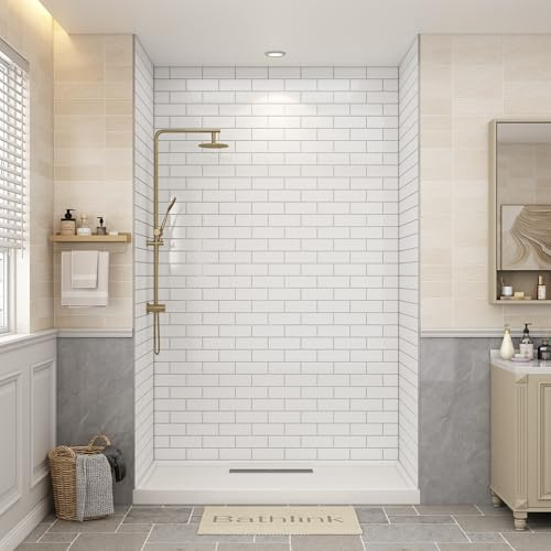 Bathlink Shower Wall Panels Waterproof, 32D x 60W x 96H, Solid Surface Shower Wall Panels, Shower Surround Wall Kit, Glossy White Subway Tile Finish, 1/8 (3mm) Thick, Trimmable