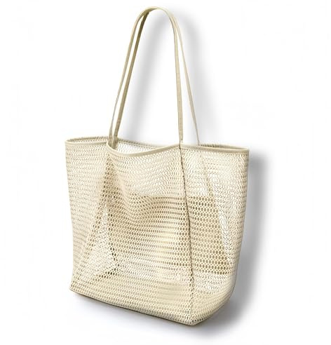 dellyy Bolso de Playa de Mujer Tamaño Grande, Bolsillo Interior con Cremallera, 35 * 17 * 37cm Bolsa Playa Malla, Plegable Bolsos de Playa Bohemios, para Vacaciones, Picnics Playa Uso Diario (Beige)