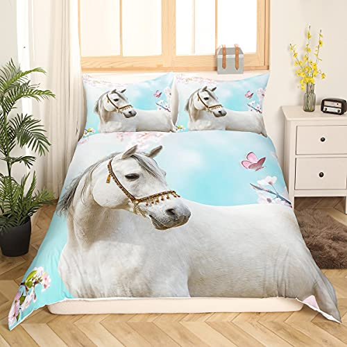 Loussiesd Juego de ropa de cama con estampado de caballo blanco, 135 x 200 cm, diseño de mariposas y flores