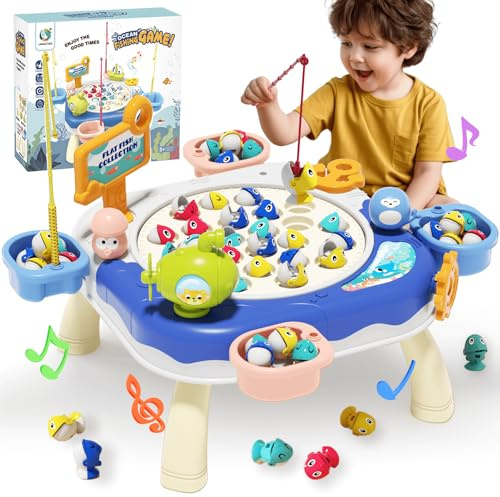 Jiakora Juego de Pesca Juguetes con Música, Juego de Pesca magnético Giratorio eléctrico, 24 Peces y 8 cañas de Pescar, Juguetes educativos Infantiles Regalos para niños y niñas de 1,2,3,4,5 años