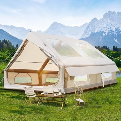 Afitdon Tenda da campeggio gonfiabile con apertura per camino e lucernario, tenda gonfiabile da 2 a 10 persone con pompa ad aria, tenda gonfiabile in tessuto Oxford impermeabile per tutte le stagioni
