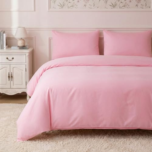 HeimenAogo Egyptian Cotton Duvet Cover Queen Size Sateen Weave, Silky Soft and Breathable Bedding Set with Zipper Closure, Long Staple Cotton Bed Linen Baby Pink 3Pcs (90×90)