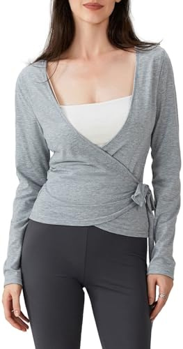 Siyova Top da donna a maniche lunghe incrociato casual slim aderente camicie con scollo a V profondo cravatta top allenamento pilates balletto yoga palestra sport top cardigan, grigio, S