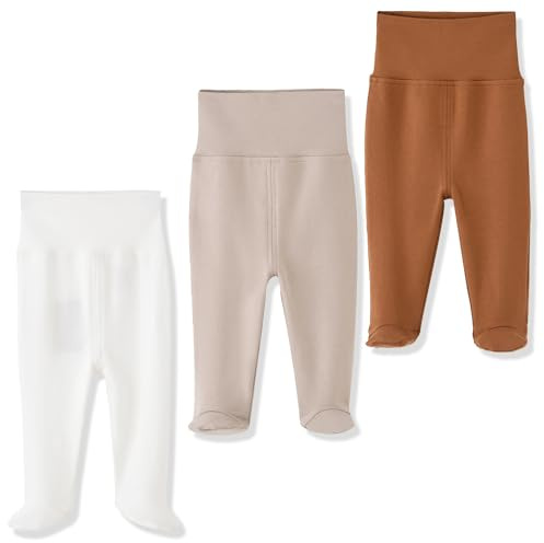 BINIDUCKLING Newborn Baby Boys Girls 3-Pack Trousers with Feet Cotton High Waist Footed Pants 6-12 Months, Clay & Brown & White