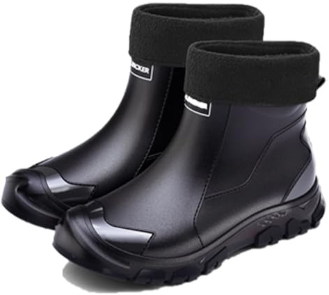 FREECOZYER Mens Wellington Waterproof Rain Boots Outdoor Garden Short Ankle Wellies Chelsea Booties Rain Shoes for Adults(Black-Fur Lined,UK 10)