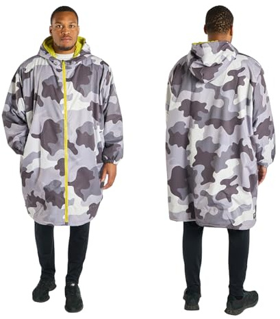 OHS Mens Waterproof Coat Changing Robe, Oversized Camouflage Dry Robes Adult Womens Lightweight Fleece Lining Mens Dry Robe with Hood & Pockets Breathable Ladies Coats for Outdoor, Grey/Green - L/XL