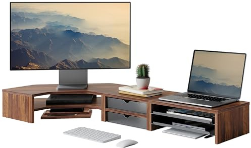 Fenge Monitor Stand 3 in 1, Dual Monitor Riser, with Drawer and Slide-Out Tray, Corner Computer Stand L-Shaped, Free Combination, 2 Tier, for Home Office, PC, Laptop, Printer, TV (Brown)