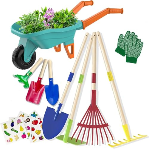LATERN Kinder Gartenwerkzeugset, 70CM Schubkarre mit 70CM Metall Schaufel Rechen Hacke Laubrechen 20CM Schaufel Rechen Handschuhe STEM Lernspielzeug Rollenspiel für Draußen Garten Rasen Graben Spielen