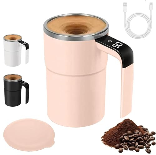 Selbstrührende tasse 380ml Selbstrührende Tasse mit Temperaturanzeige Intelligente Kaffeetasse mit Deckel Selbstumrührende Kaffeetasse Becher mitRührfunktion Thermobecher Smart Mug. (Rosa)