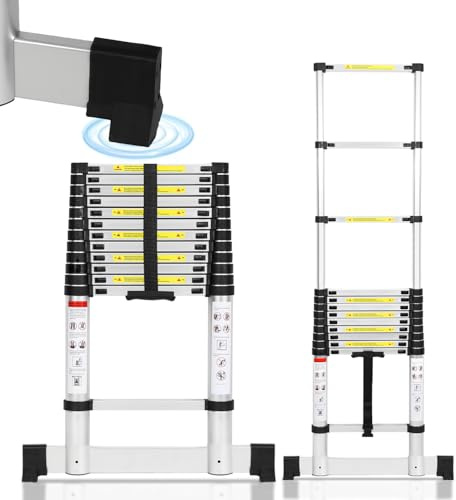 Joparri 3,8 m teleskopstege av aluminium, utdragbar stege med stabilisator, halkfri aluminiumstege, utdragbar multifunktionsstege, lastkapacitet 150 kg