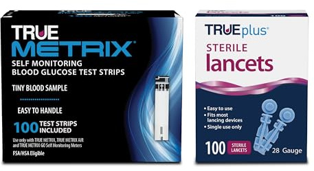 TRUE METRIX Self Monitoring Blood Glucose Test Strips and TRUEplus 30g Lancets Bundle, TRUE METRIX Family of Self Monitoring Blood Glucose Meters, 100 Count Strips, 100 Count Lancets