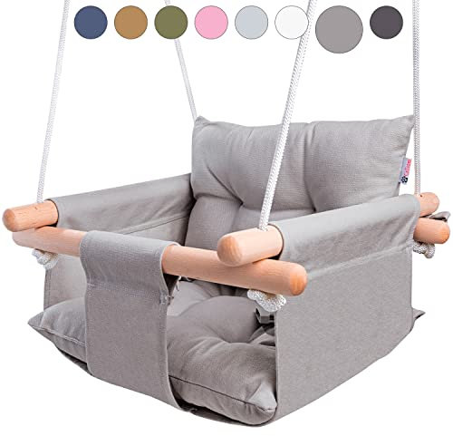 Cateam - Baby schaukel Holz Indoor, Outdoor, Garten. Babyschaukel mit Sicherheitsgurt. Innen Baby hangeschaukel ab 12 Monate. Kinderschaukel tür, Zimmer schaukel Kleinkinder, Taupegrau.
