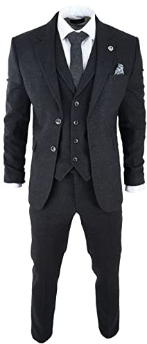 Mens Black Tweed 3 Piece Suit Check Vintage 1920s Gatsby Blinders Tailored Fit - Black 40