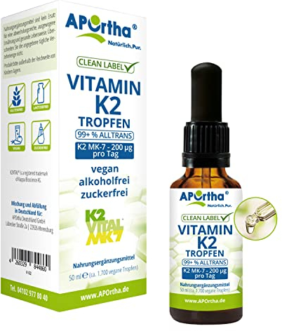 APOrtha® Vitamin K2 MK-7 Tropfen (K2VITAL®) 50 ml, 200 µg pro Tagesdoses von 10 Tropfen, ca 1.700 vegane K2-Tropfen 99+% ALL-Trans, hochdosiert, allergenfrei, alkoholfrei, zuckerfrei, glutenfrei