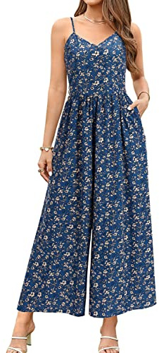 LAISHEN Jumpsuit for Women UK Playsuits Wide Leg Dressy Pants Overall Ladies Summer Casual Dungarees Romper with Pockets (Floral 06, M)