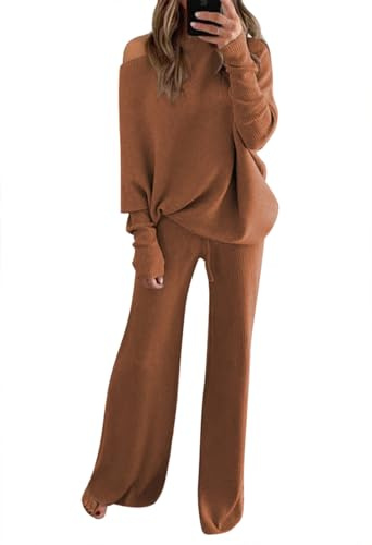 LaSuiveur Women's 2 Piece Outfits Sweater Set Long Sleeve Knit Pullover Wide Leg Pants Sweatsuit Lounge Set, Brown, S