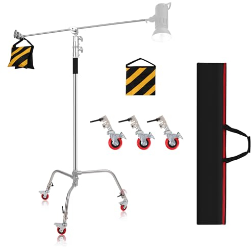 C Ständer aus Edelstahl mit Galgenarm, AQIRUI 285 cm verstellbares Lichtstativ mit 107 cm Haltearm, Griffköpfen, abnehmbaren Rädern und Aufbewahrungstasche für Produktporträt-Videofotografie