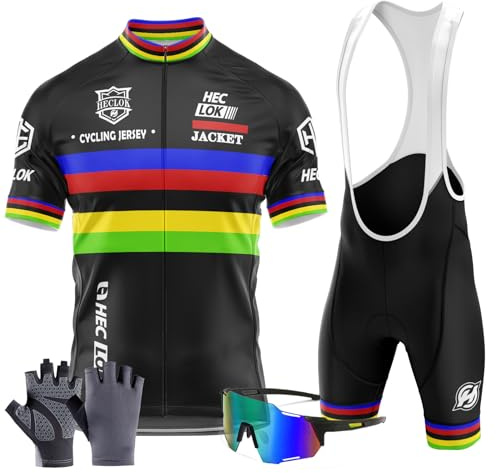 Traje Ciclismo Hombre Verano Conjunto Bicicleta Ropa MTB Maillot Bici Manga Corta＋Pantalones Cortos 9D Gel Acolchado Maillot para MTB+Incluye Guantes y Gafas de Ciclismo (TYP-2,L)