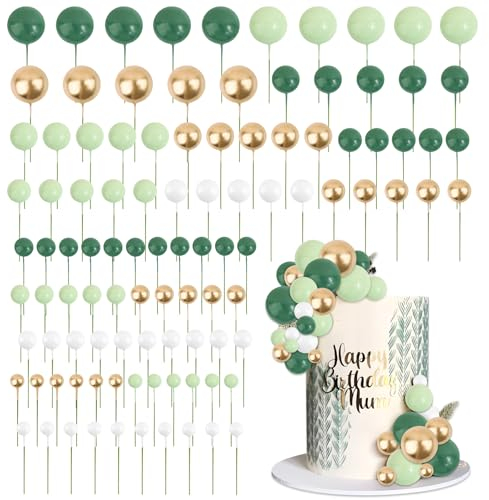BETESSIN 103pz Topper Torta Palline Sfera Cake Topper in Schiuma per Decorazione Torta Sfera Palline Torta Compleanno Matrimonio Comunione Baby Shower Valentine’s Day Festa Verde Bianco Oro