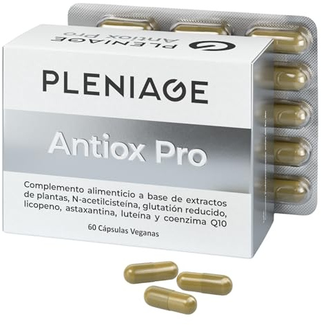 Pleniage Antiox Pro, NAC N-Acetilcisteína, Glutation y Coenzima Q10, Complejo Antioxidante Celular con Astaxantina y cúrcuma, luteína y licopeno, 60 Cápsulas Veganas, Fabricado en España