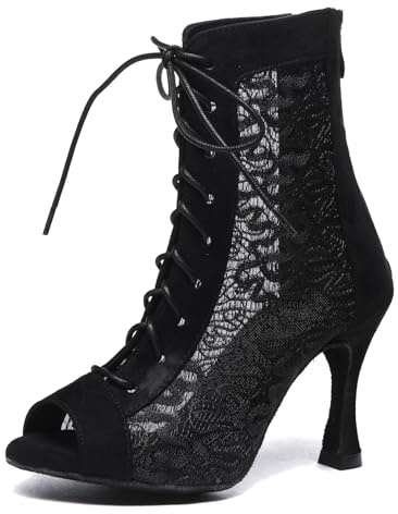 MINITOO Sexy Dance Heels for Women Elegant Open Toe Formal Party Evening Ankle Booties L546 Black 9cm Heel UK 5.5