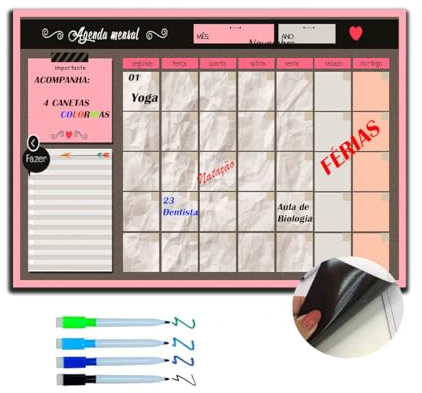 Calendário Magnético Para Frigorífico, Planeador Ideal Para Menus, Lembretes e Anotações Quadro Planner Semanal, Inclui 4 Marcadores De Cor Com Apagador - em Português (A4 (Pequeno))