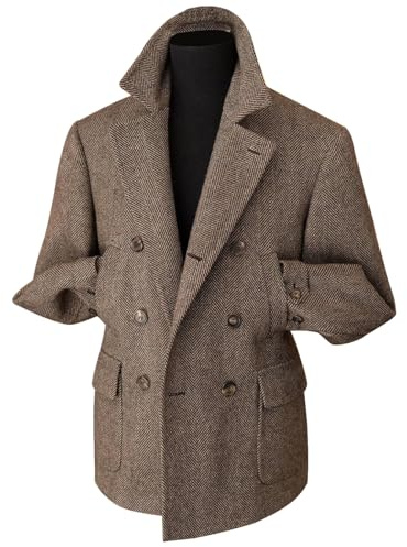 RAJEGAR Abrigos deportivos de tweed en espiga para hombre, con doble botonadura, mezcla de lana, chaquetas informales, cálidas, vintage, abrigo británico, marrón, L