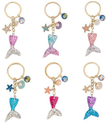 SOFPLATE Porte Clés Queue de Sirène avec Étoile de Mer, Coquillage en Résine, Alliage Émail Scintillant - 6 Pièces Charme Océan pour Femmes