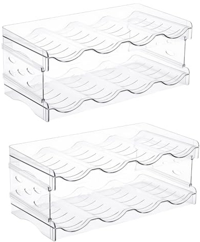 2PCS Stackable 2 Tier Water Bottle Holder 4 Bottles Per Tier Clear Plastic fridge Bottle Rack Wine Racks for Cabinet Fridge Pantry Freezer Space Saving Kitchen Storage Organisers