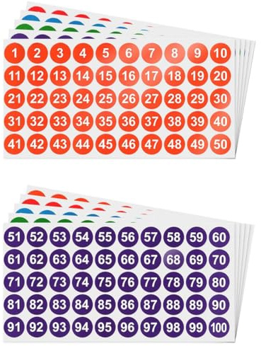 KIRZAX Lot de 10 feuilles d'autocollants numérotés de 1 à 50 et 51 à 100,Chiffres Adhesifs,2.5 cm Vinyle Étanche Ronds Autocollants D'inventaire,pour Boîtes de Bureaux,L'école et Casiers