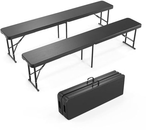 Bonnlo 2er-Set Klappbank – Gartenbank Wetterfest aus Kunststoff, Sitzbank Flur, Bierbank, ideal für Garten, Camping & Outdoor, 182 x 28 x 43 cm, Schwarz