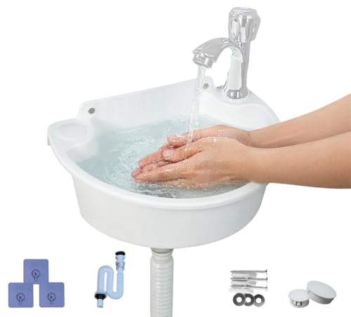 Fregadero de plástico, lavabo de camping con tubo de drenaje, paquete de tornillos, tacos y cubierta de orificios, fregadero semicircular curvado para inodoro, camping, caravanas, sótanos, jardines