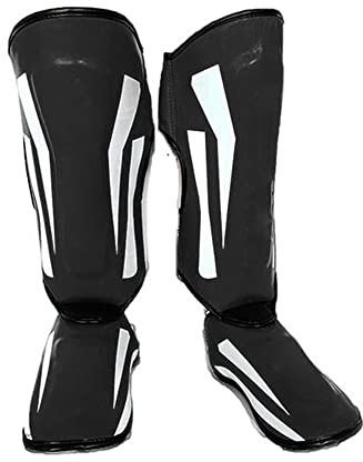 Aumotop Protectores De Piernas De Kickboxing Protectores Espinilleras Duraderos para Equipos Entrenamiento MMA, Protector Pie Pierna Cuero PU para Artes Marciales, Negro, M/L (#1)
