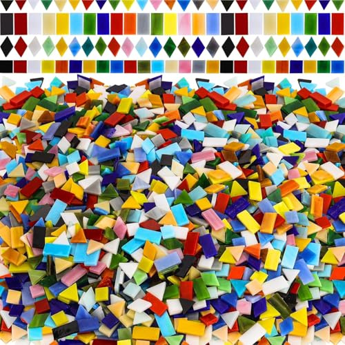 1200 Pcs Mixed Shapes Glass Mosaic Tiles, Assorted Color Stained Mosaic Glass Pieces for Handmade DIY Art/Crafts and Home Decoration, 1000 g, Opaque