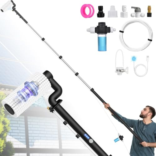 LyriFine Kit de limpieza de panel solar eléctrico, poste de limpieza de ventanas extensible alimentado por agua de 6 metros con poste telescópico de 5 etapas, cepillo de limpieza de ventanas de 2