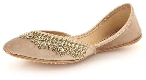 Womens Embroidered Punjabi Khussa Handmade Ethnic Mojari Flats Elegant Threadwork Traditional Bridal Wedding Festive Party Ladies Fawn Velvet Shoes Size 6 UK 39 EU