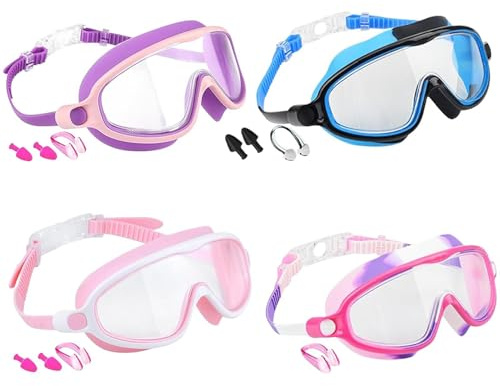 Barn Poolglasögon Anti-Dim UV-Skydd Bred Sikt Simmask | Med näsklämma, öronproppar, justerbar rem, läckfria tjejers simgoggles För Åldrar 3-14, Pojkar Och Flickor, , Inomhus, Sjö,
